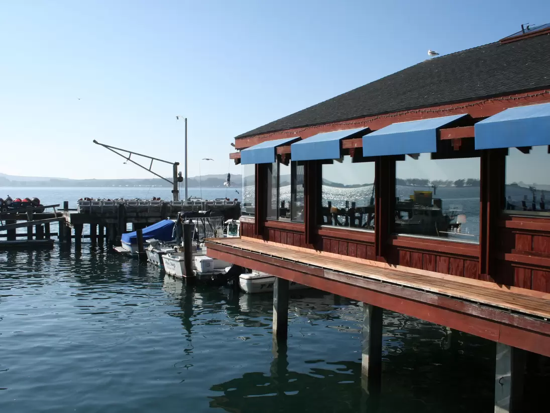 Pier with fishing equipment at Lucas Wharf restaurant, on Bodega Bay in Sonoma County, California