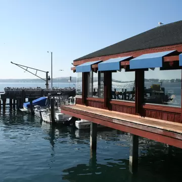 Pier with fishing equipment at Lucas Wharf restaurant, on Bodega Bay in Sonoma County, California