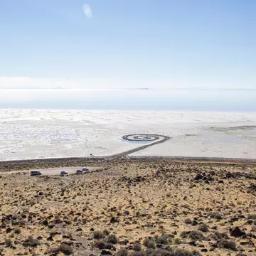 TTRHT1 Aerial view of Spiral Jetty against blue sky during sunny day