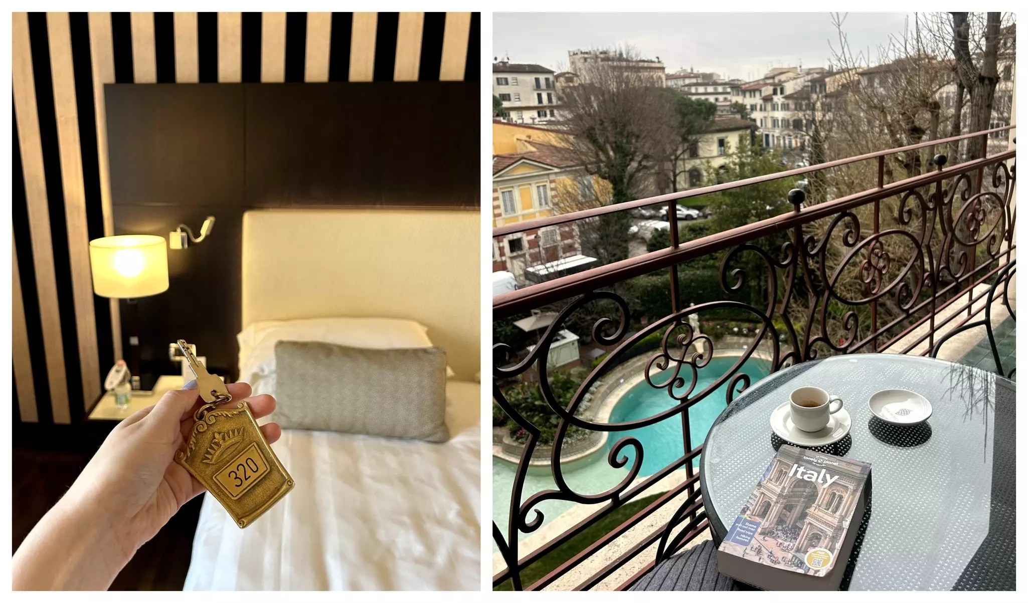 Left: Not your average room key at the Sina Villa Medici; Right: Enjoying views of the Villa Medici's private garden with my morning coffee and some light reading © Ann Douglas Lott