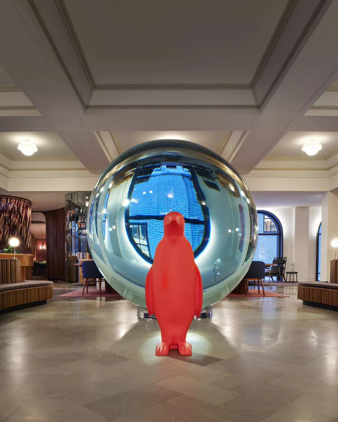 A large red penguin sculpture at 21c Museum Hotel in St Louis