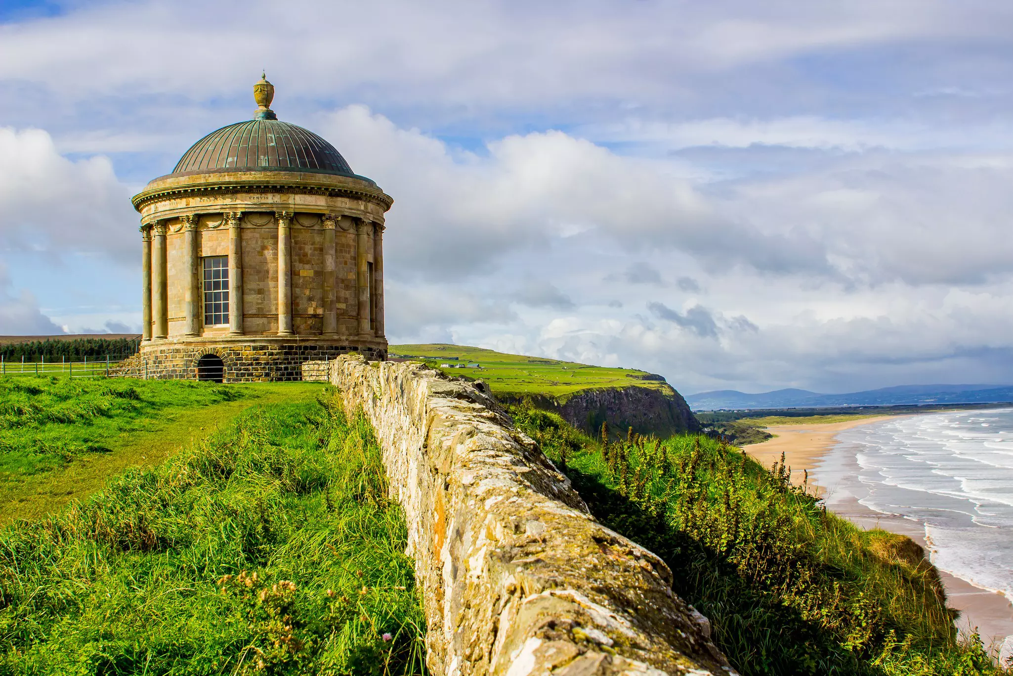 The Mussenden Temple on the cliff edge above Downhill Beach along the Causeway Coast