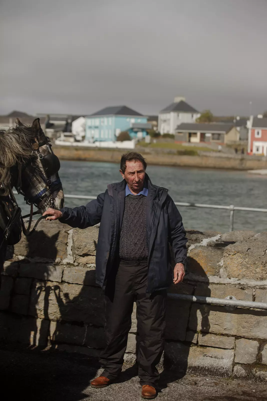 A man stands next to a horse, holding its reins. He's wearing a sweater and a windbreaker jacket.