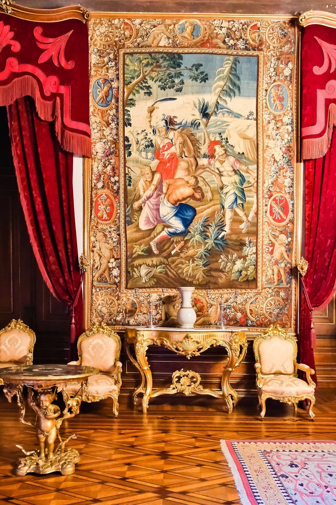 View of a tapestry hanging in the Palácio Nacional da Ajuda in Lisbon, Portugal.