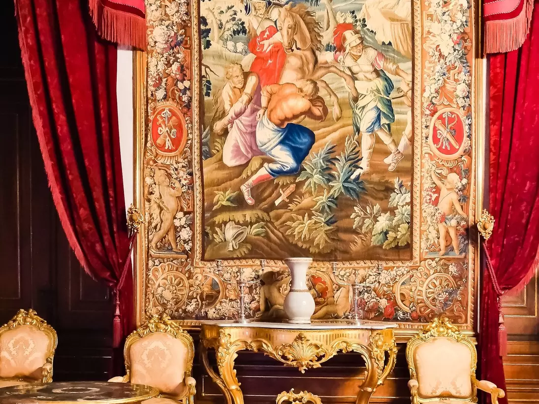 View of a tapestry hanging in the Palácio Nacional da Ajuda in Lisbon, Portugal.