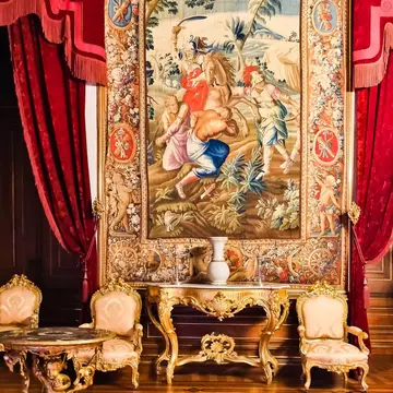View of a tapestry hanging in the Palácio Nacional da Ajuda in Lisbon, Portugal.