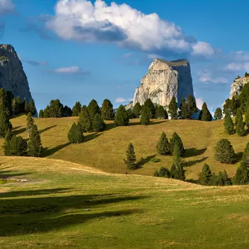 Mont Aiguille and the Vercors High Plateaus in summer. Vercors Regional Natural Park, Isere, Rhone-Alpes, Alps, France