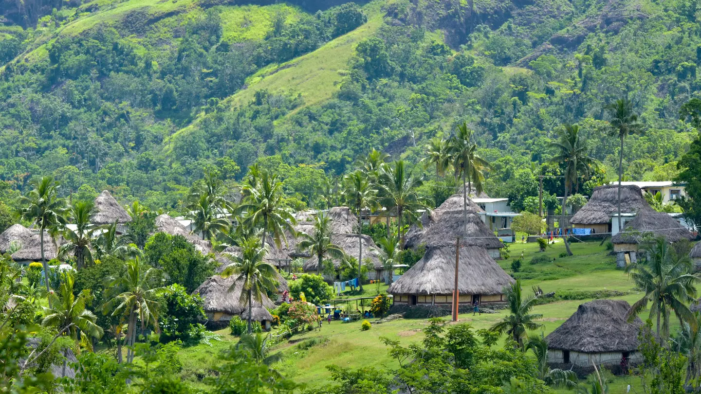 Traditional thatched huts in among greenery and tall palm trees at the foot of a hill.