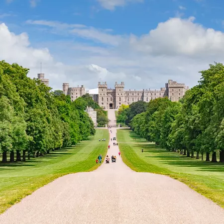 Windsor, Berkshire, UK - The Long Walk in Windsor Great Park and Windsor Castle on a sunny day.