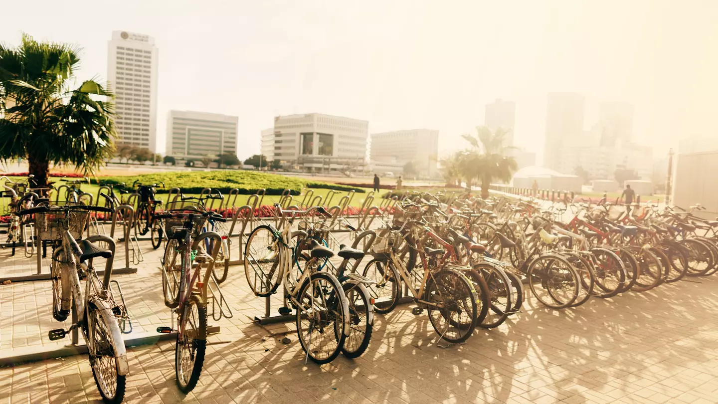 Bicycles parked on the street in Dubai, United Arab Emirates