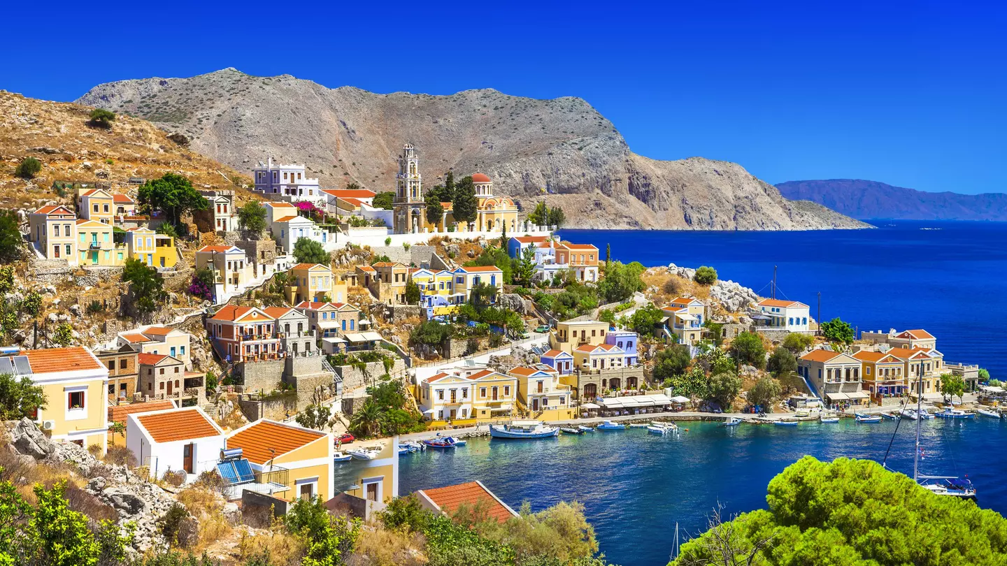 View over Harani Bay on the island of Symi in Greece.