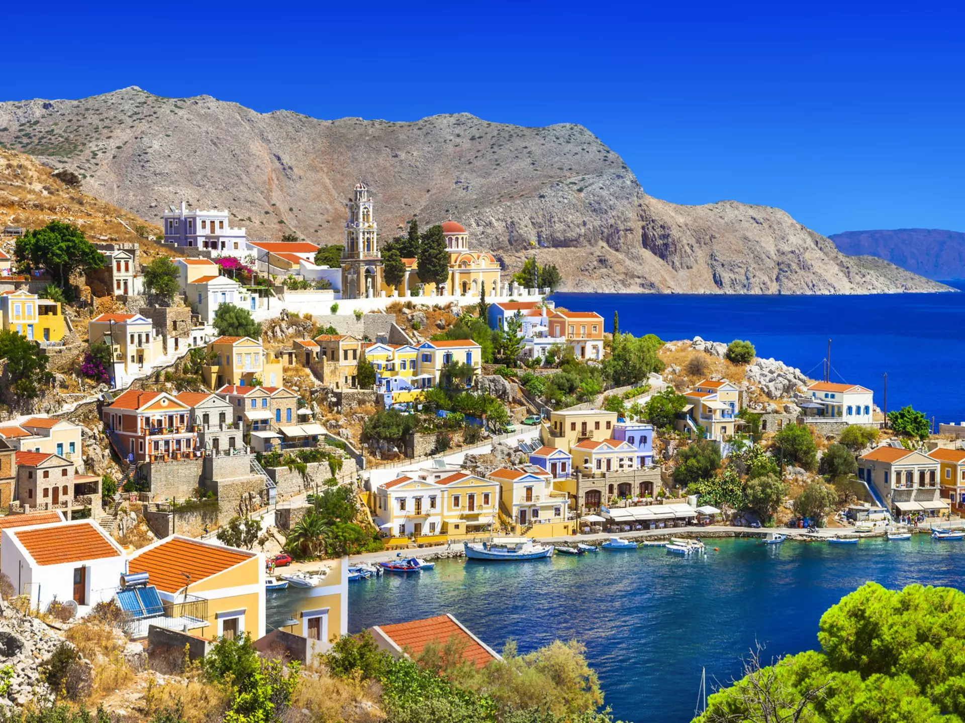 View over Harani Bay on the island of Symi in Greece.