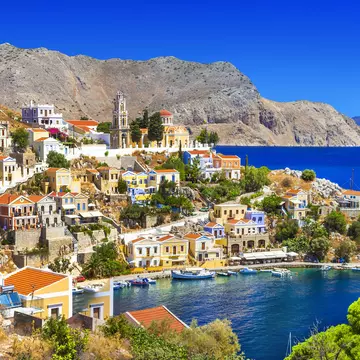 View over Harani Bay on the island of Symi in Greece.