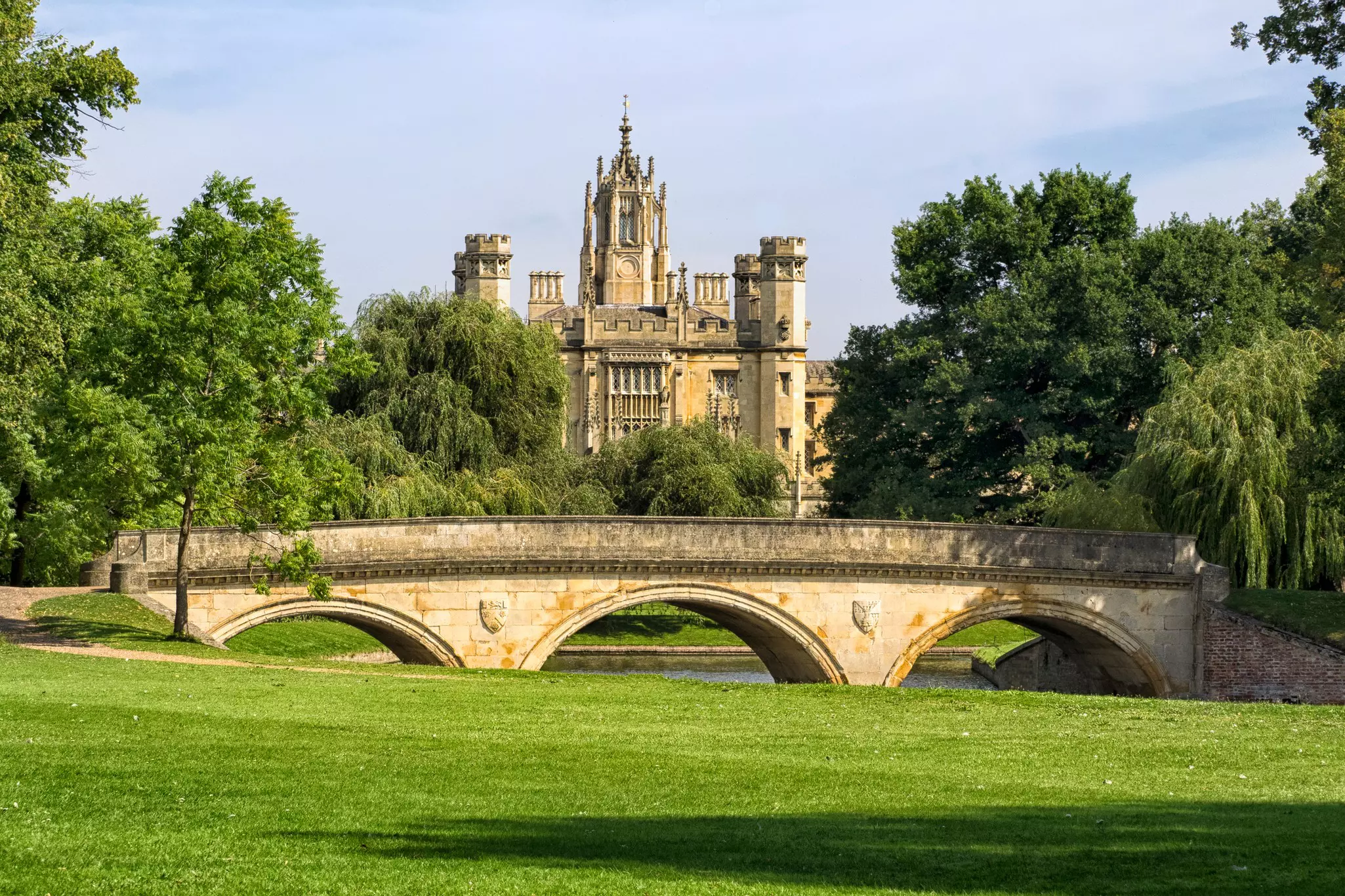 View of St John's College and Trinity Bridge viewed from The Backs of the Cambridge colleges, Cambridge, England.