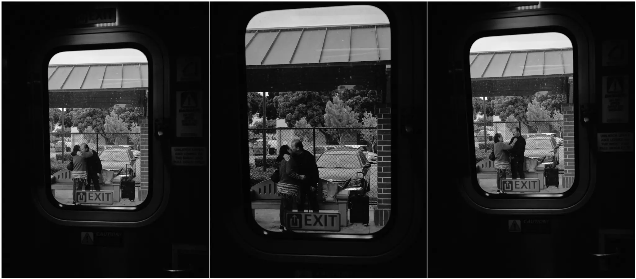 A triptych of a man and woman sharing a hug and a kiss on a train platform.