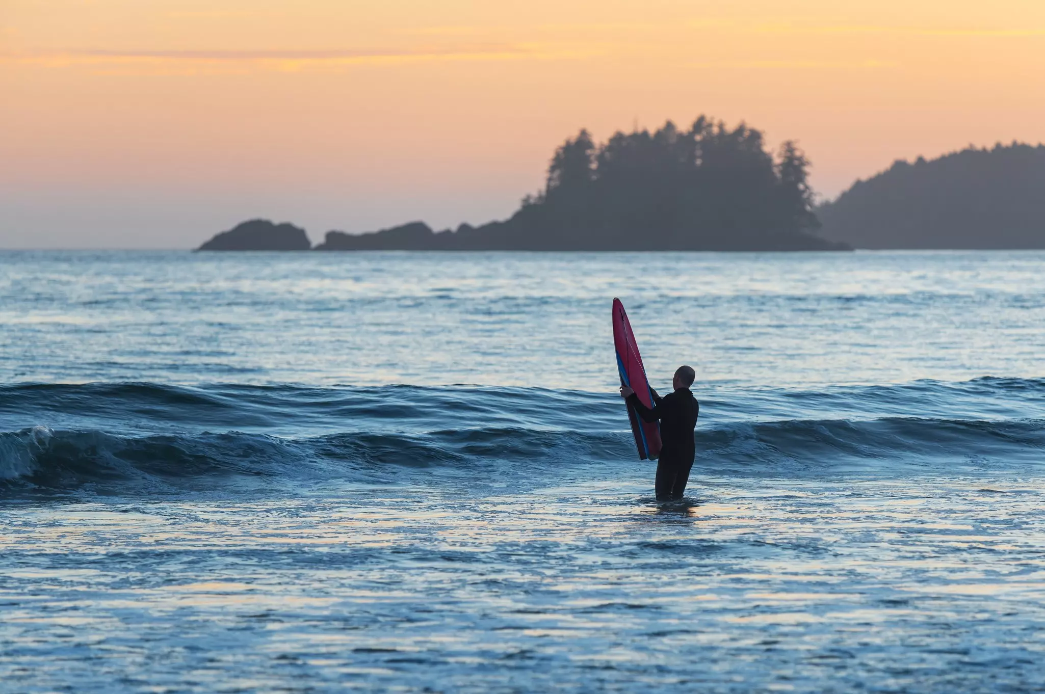 Surfer with surf board standing in the ocean at sunset surrounded with out-of-focus rocks and trees in the distance.