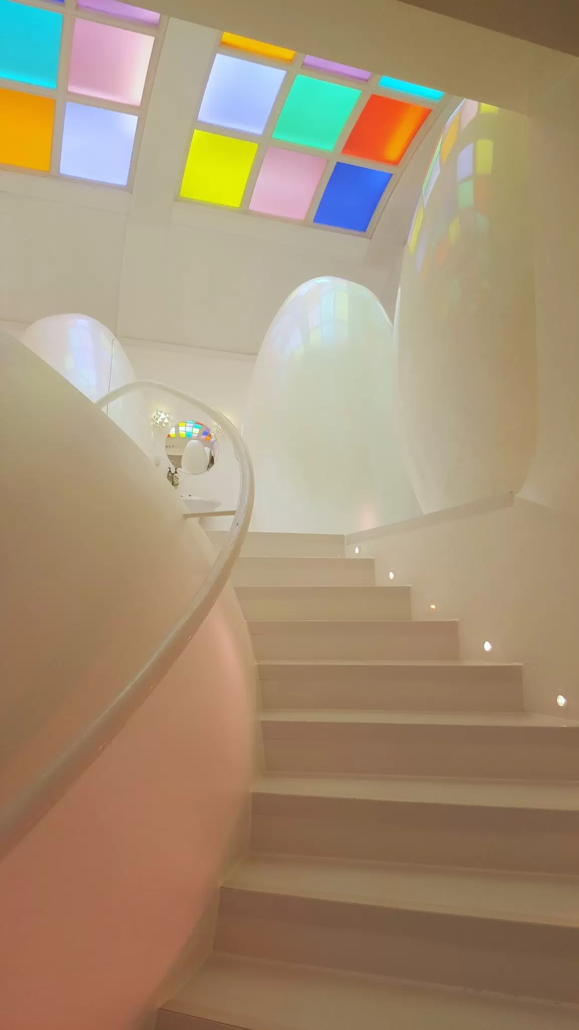 The iconic egg-shaped pod toilets and colourful stained glass ceiling inside Sketch restaurant in Mayfair.