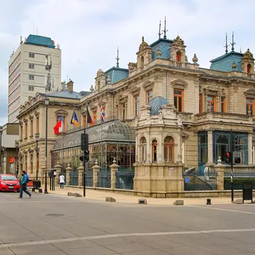 Punta Arenas, Chile - Jan 4, 2019 : Sara Braun Palace in Punta Arenas, the southernmost town in Chile, hosting the Club de la Union (Union Club) restaurant and cafe, License Type: media, Download Time: 2025-05-29T14:51:13.000Z, User: pinkjozie64, Editorial: true, purchase_order: 56530 - Guidebooks, job: Global Publishing WIP, client: South America 16, other: Jo-anne Riddell