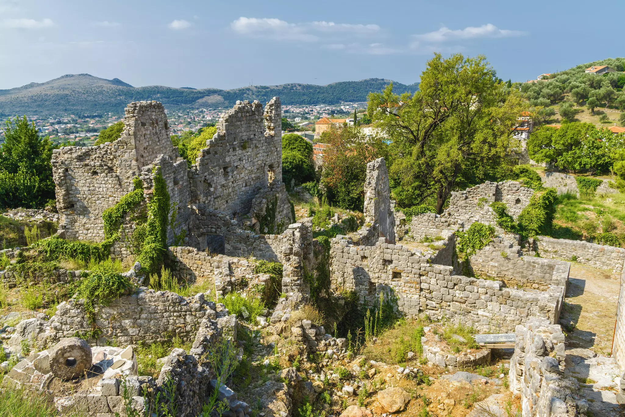 Sunny view of ruins of citadel in Stari Bar town near Bar in Montenegro.