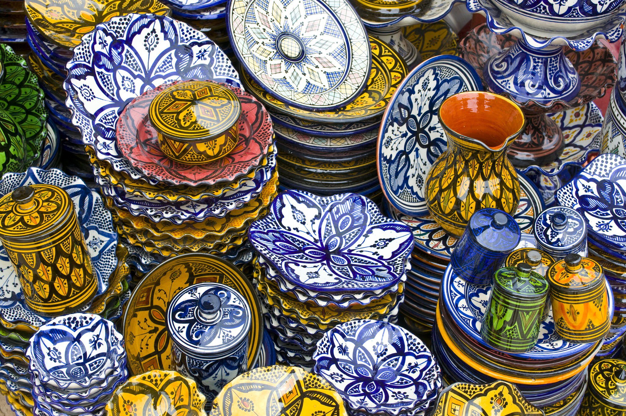Colourful ceramics on display at a market in Safi..