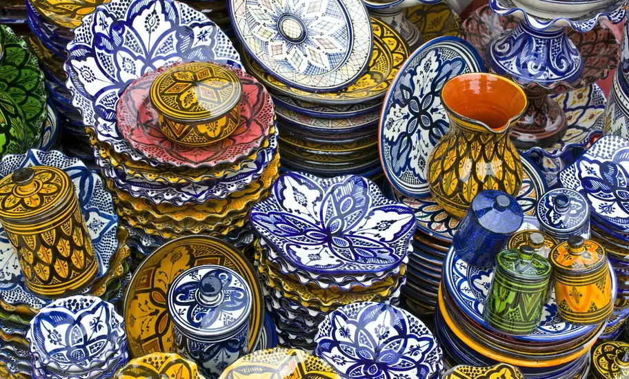 Colourful ceramics on display at a market in Safi..