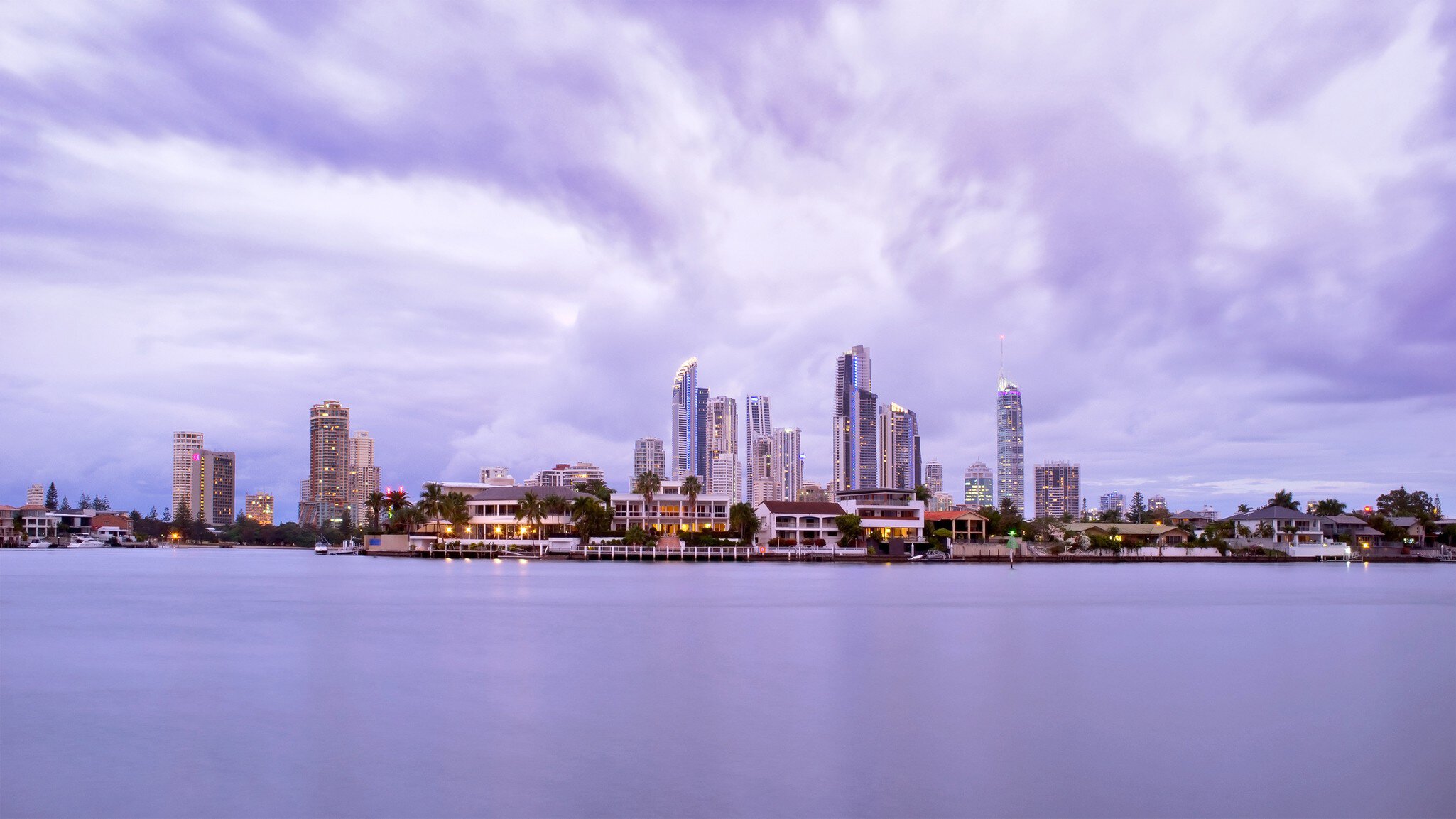 Dawn Skyline with lights after sunset, Gold Coast, Australia