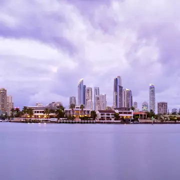 Dawn Skyline with lights after sunset, Gold Coast, Australia