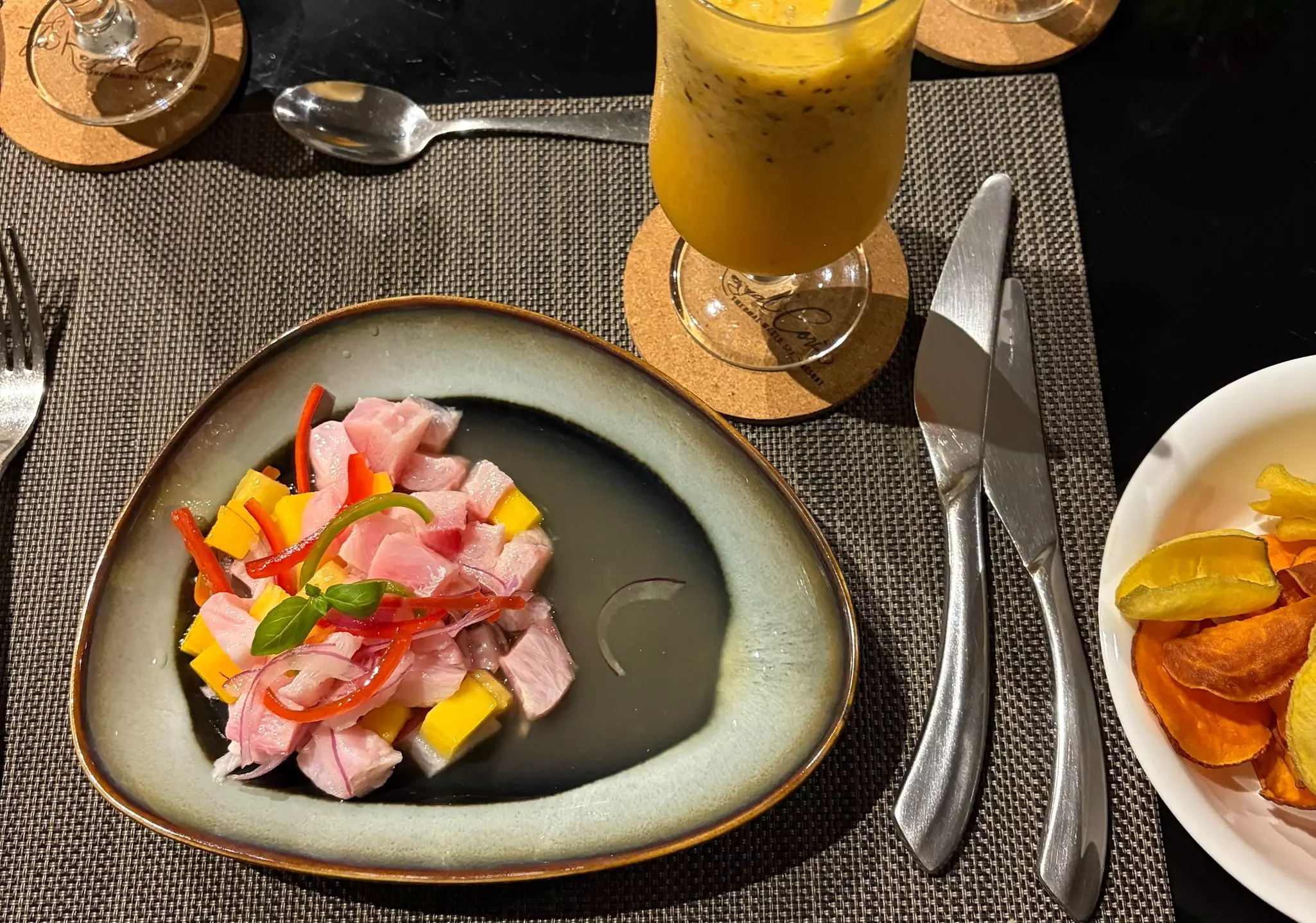 A plate of ceviche – raw fish, marinated in lime juice – at a hotel restaurant in Costa Rica.