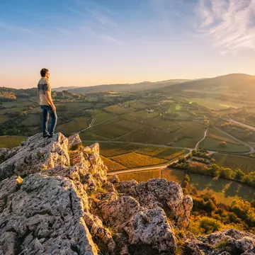 Man standing on the Rock of Solutre at sunset, Burgundy