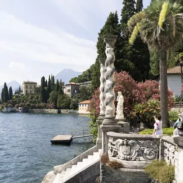 Ornate villas overlooking the water in Varenna, Lake Como, Italy.