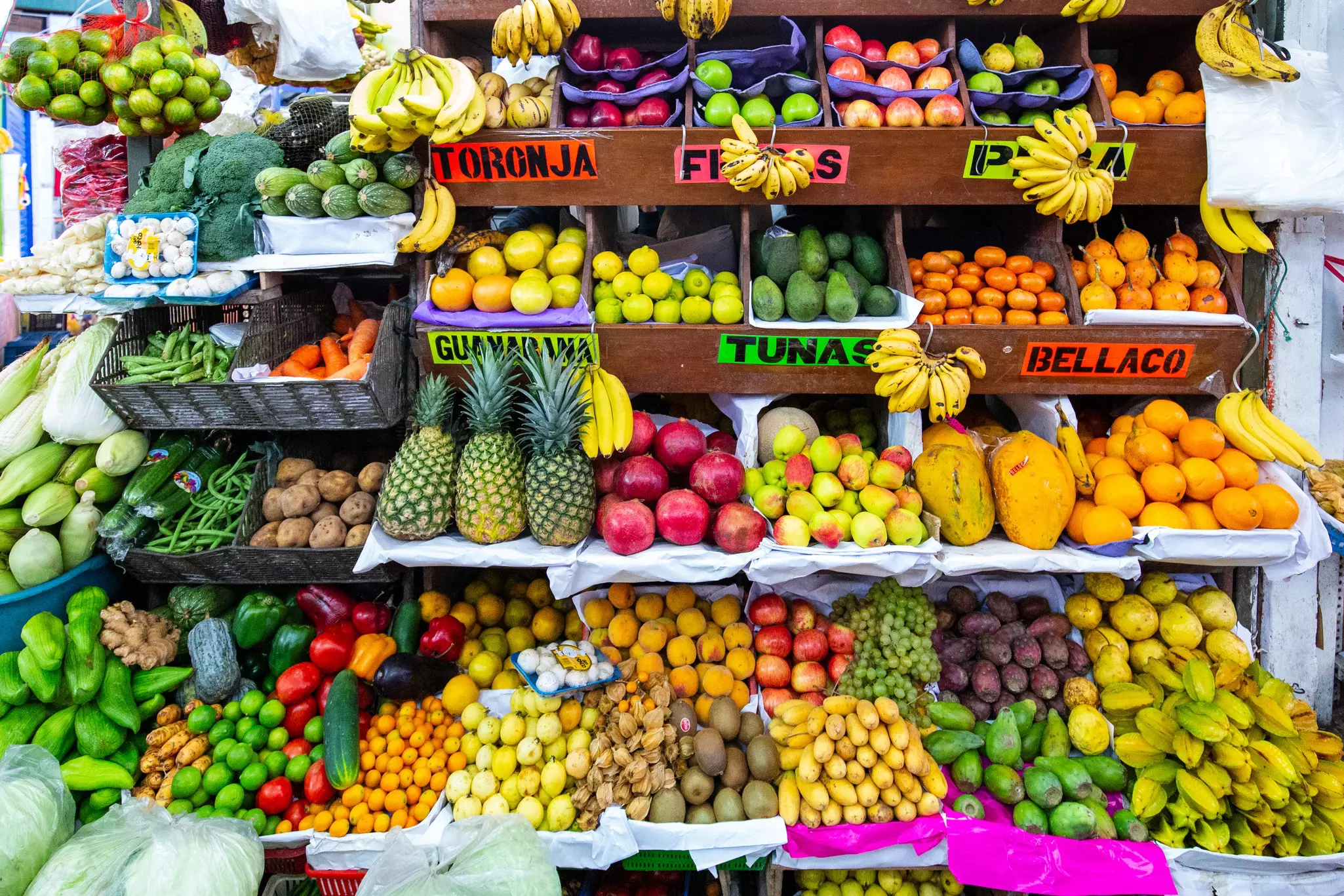 A colorful fruit and vegetable stand