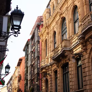 View of the Houses in the old town called Casco Viejo of Bilbao.