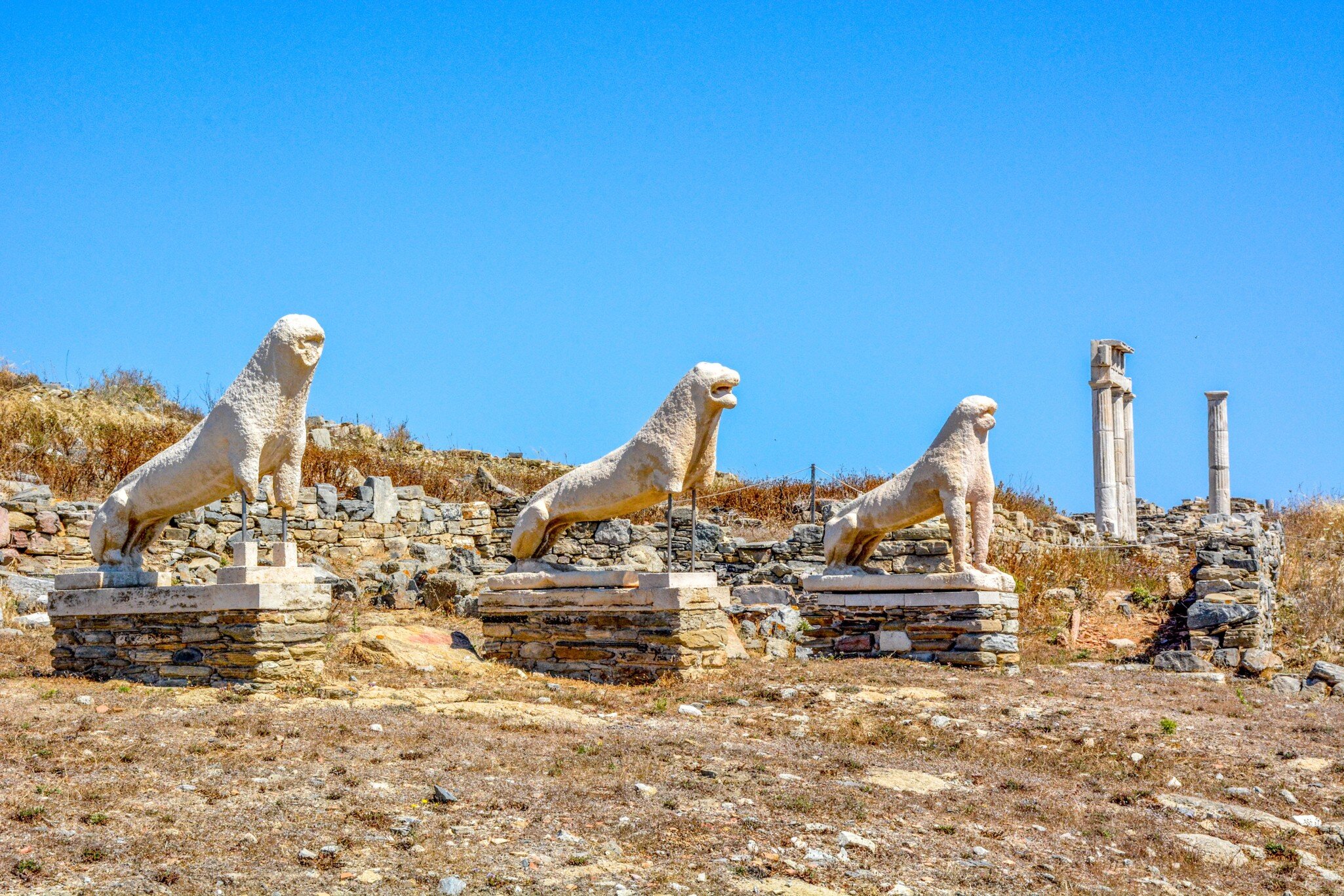 Terrace of the Lions, the famous symbol of Archaeological Site of Delos, Delos Island, Cyclades, Greece; Shutterstock ID 1213776343;
