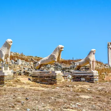 Terrace of the Lions, the famous symbol of Archaeological Site of Delos, Delos Island, Cyclades, Greece; Shutterstock ID 1213776343;