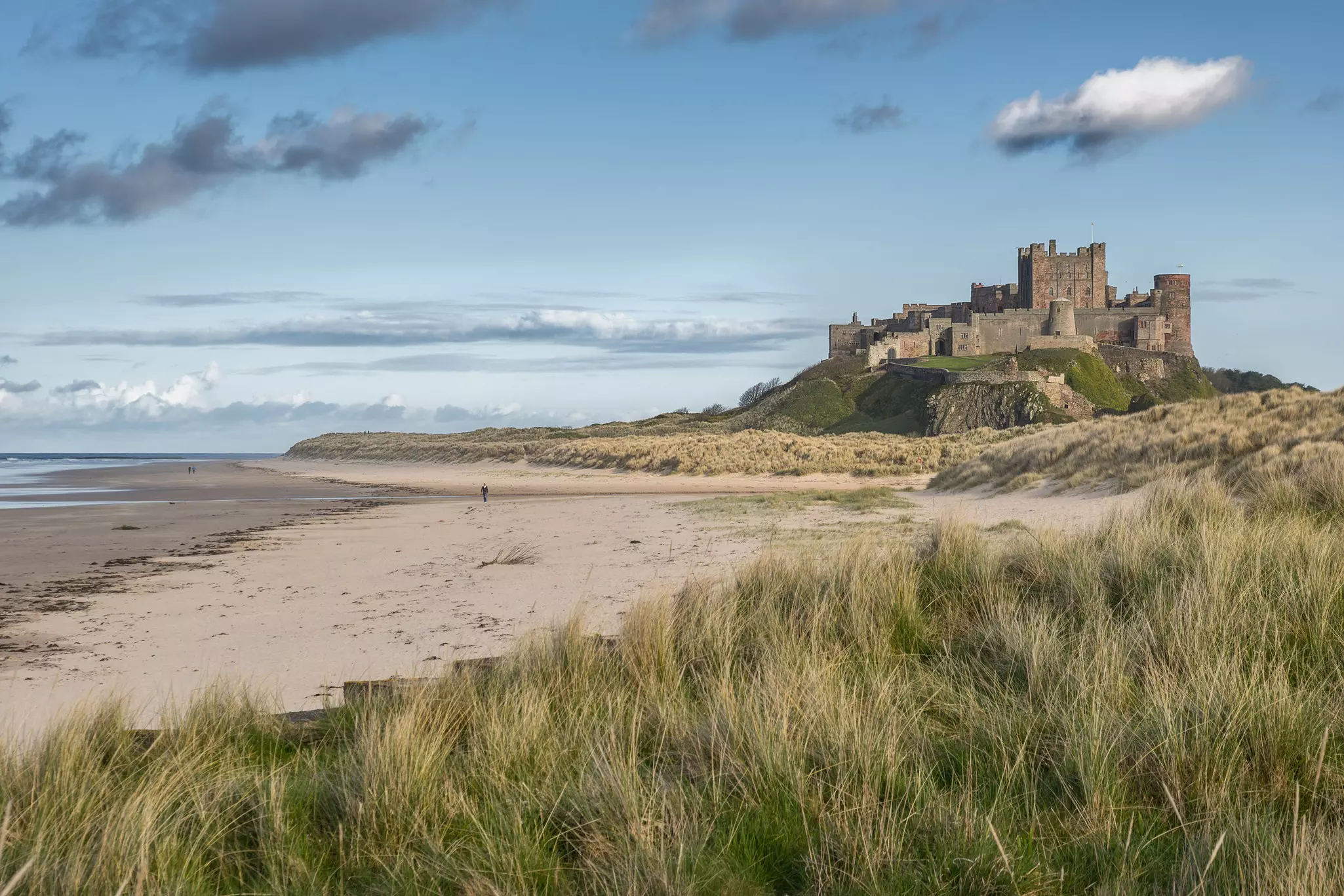 Bamburgh Castle on the Northumberland coast, England.