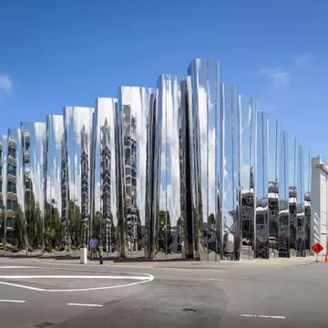 New Plymouth, New Zealand – November 19, 2019: Reflective stainless steel facade of the Len Lye Centre (Govett-Brewster Art Gallery) in New Plymouth, New Zealand.