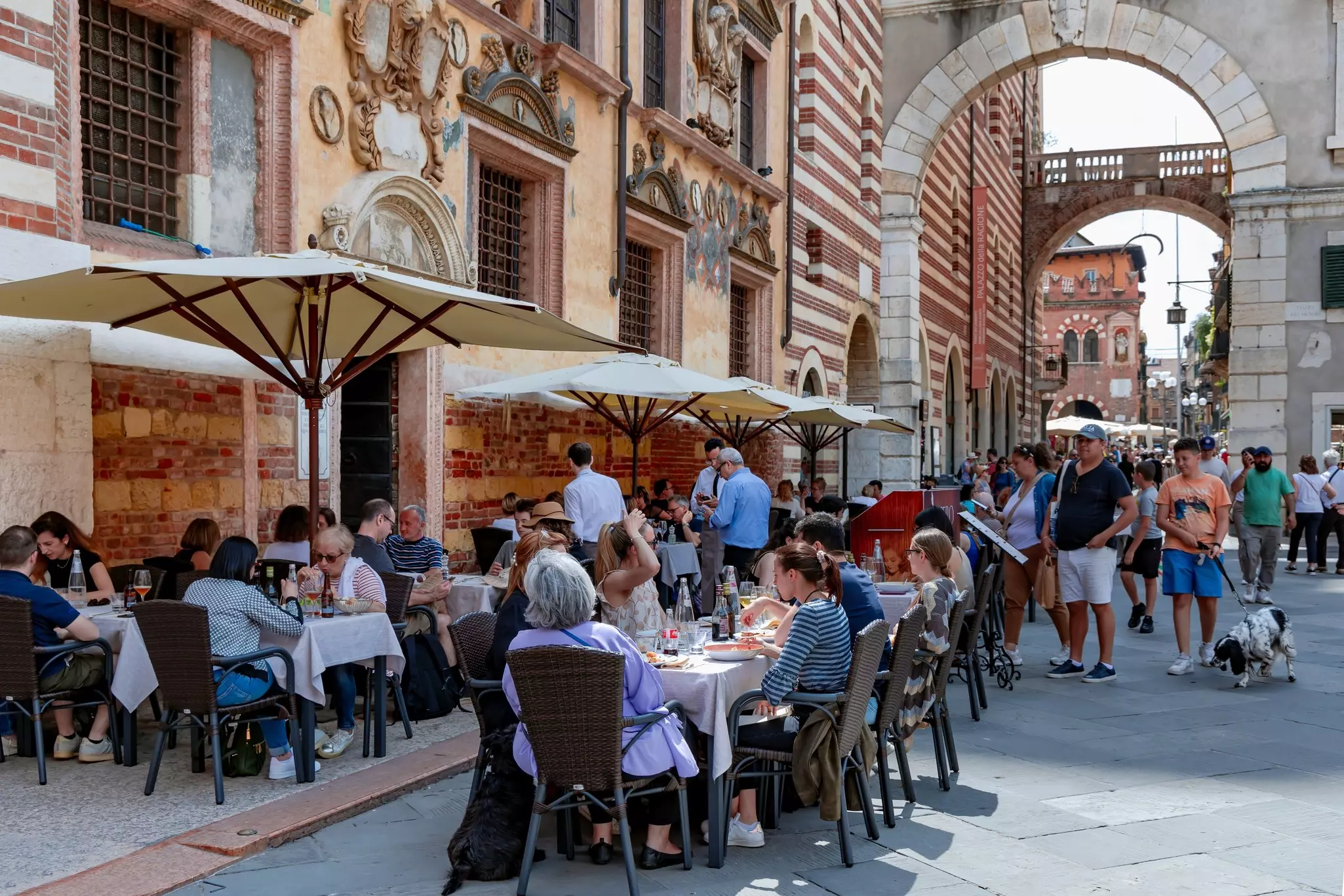 People have lunch on the summer terrace of Caffe Dante restaurant in Piazza dei Signori (with the Loggia del Consiglio and Palazzo degli Scaligeri behind), Verona, Italy.