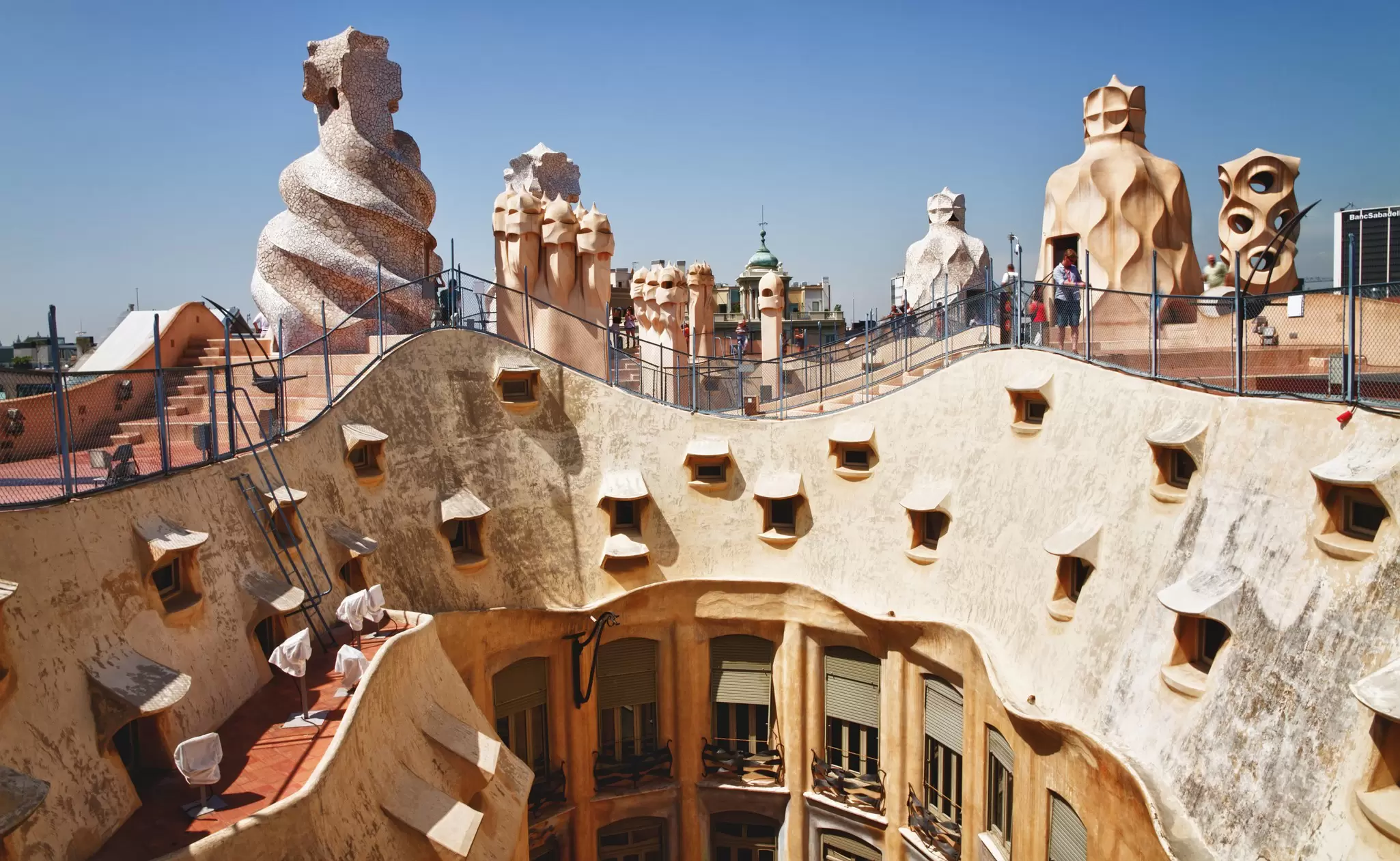 The roof and chimneys of La Pedrera in Barcelona, Spain