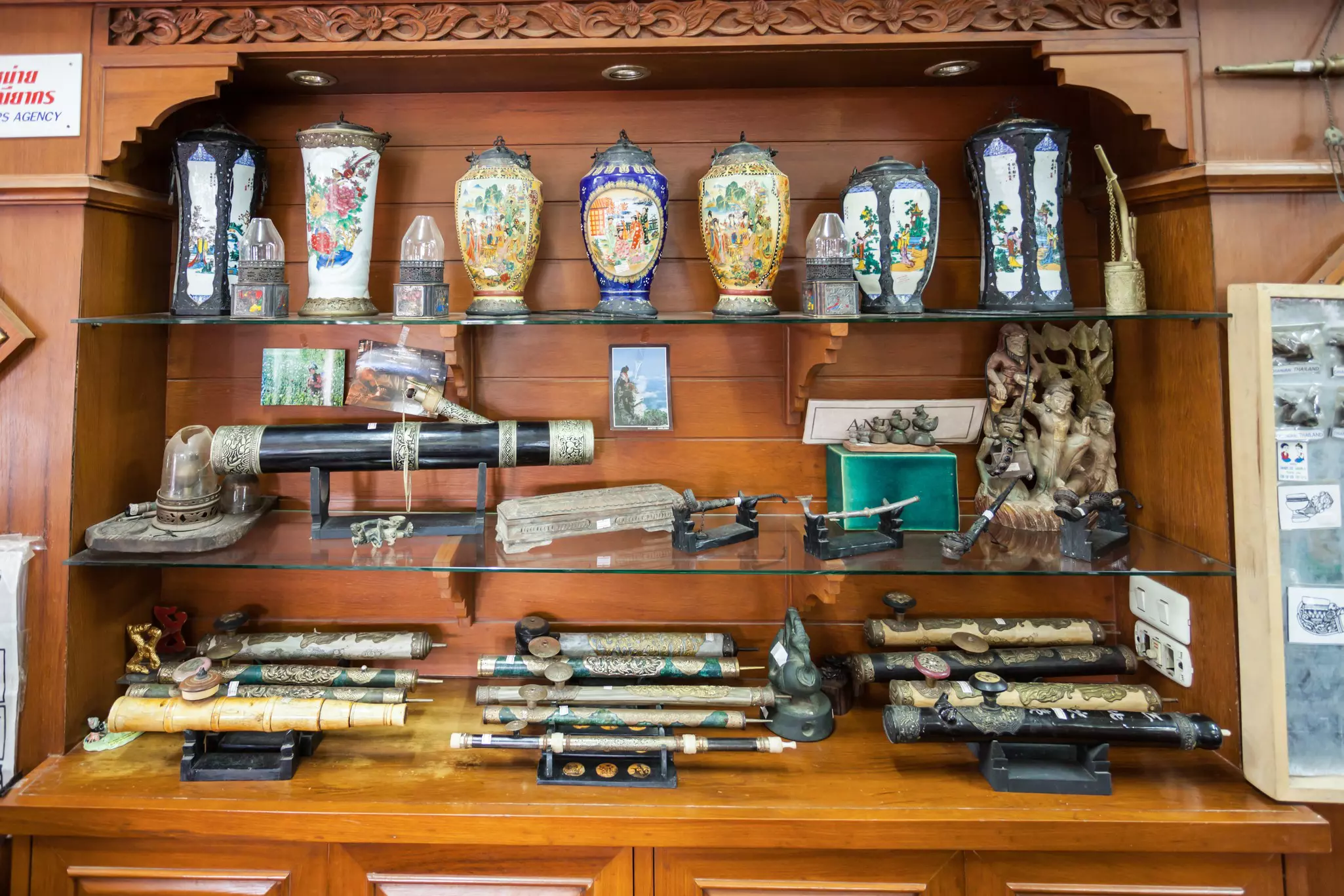 Opium pipes on display in the Hall of Opium museum in Ban Sop Ruak, Golden Triangle, Thailand.