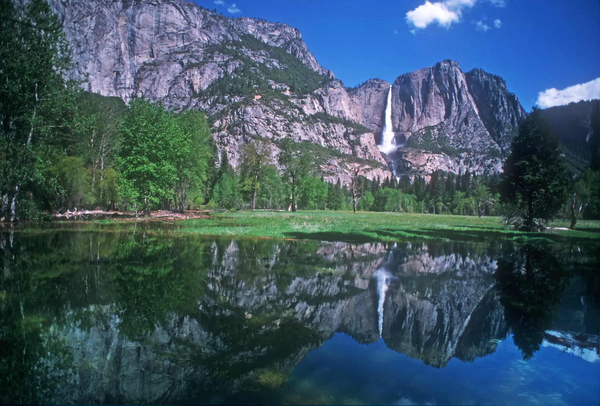"Yosemite Falls with Some Merced River Overflow in Foreground"