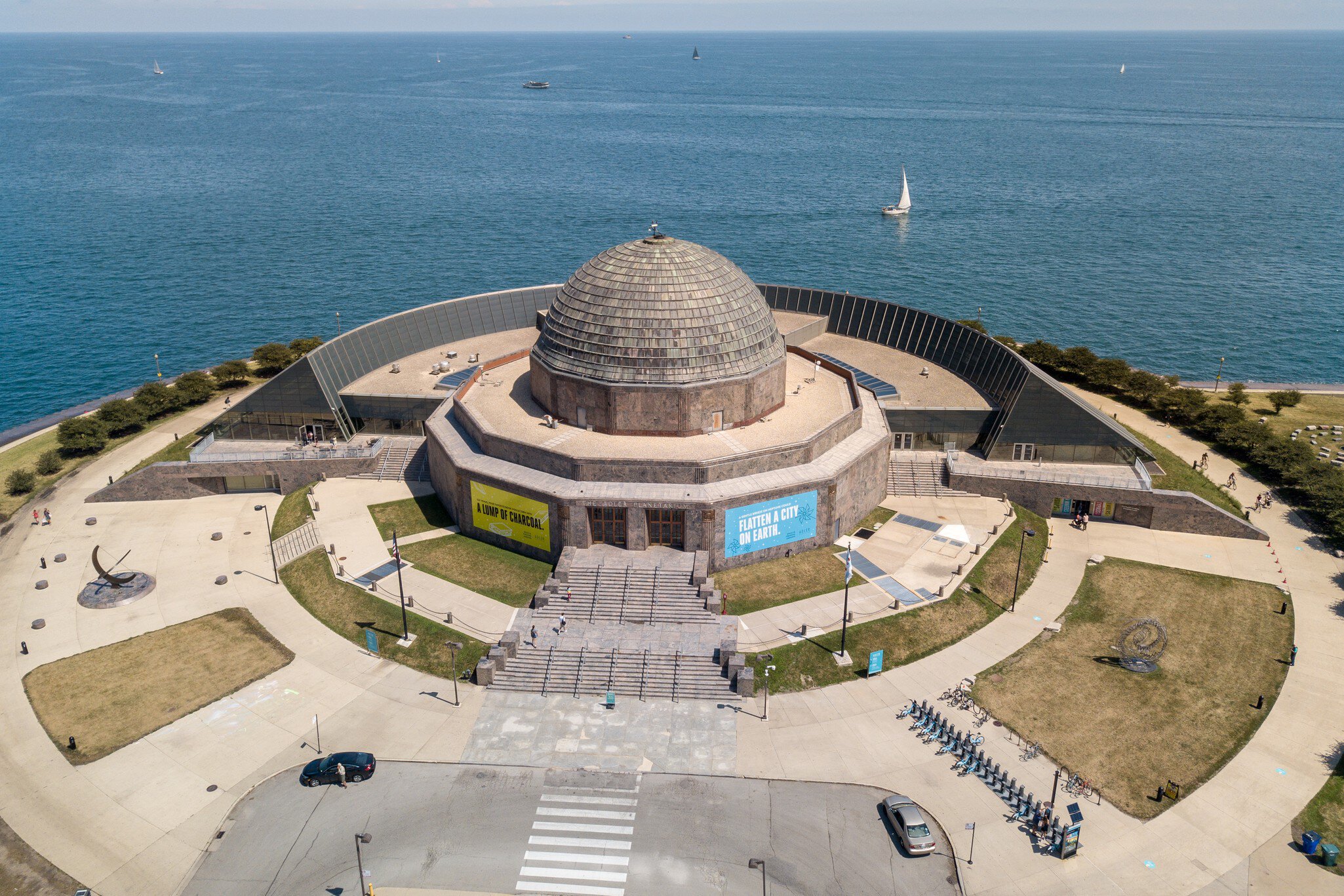 Aerial view of Adler Planetarium with Lake Michigan in the background in Chicago, Illinois.