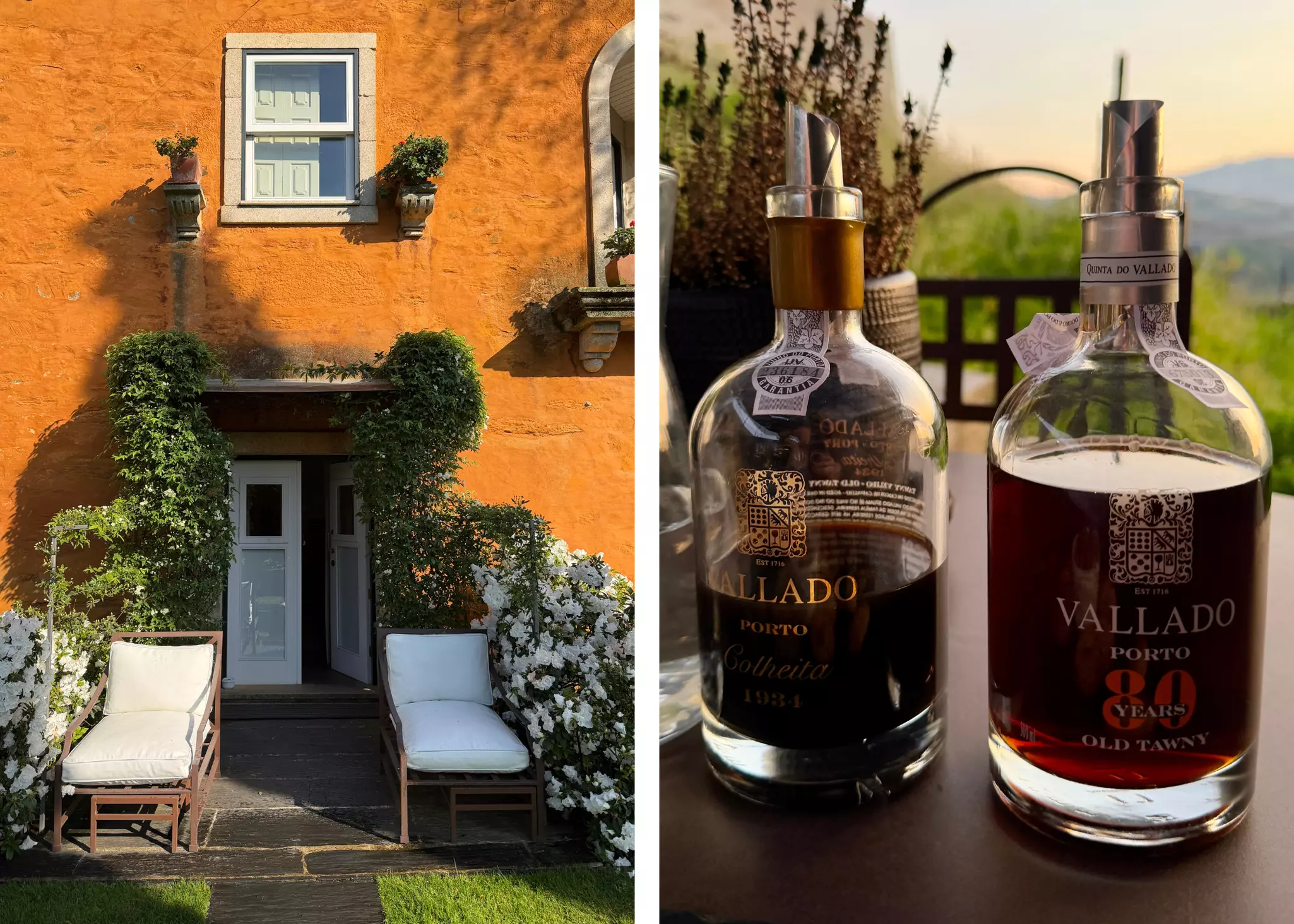 Left: Farmhouse room exterior at Quinta do Vallado in the Douro Valley. Right: Porto bottles at Quinta do Vallado in the Douro Valley