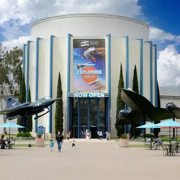 Outside the San Diego Air and Space Museum in Balboa Park with a Lockheed A12 Oxcart and Convair YF2Y-1 on either side of the entrance
