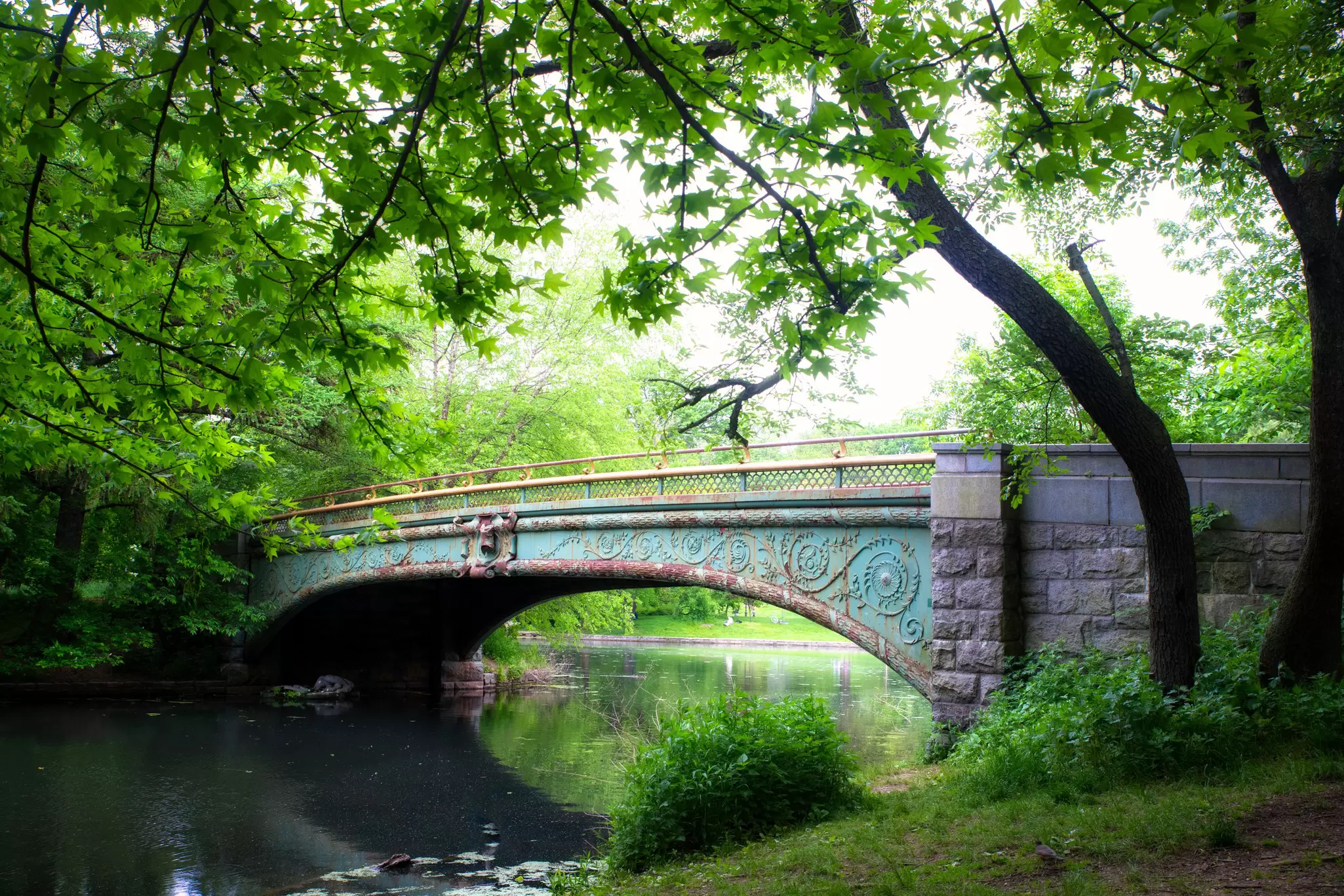 Prospect Park, Brooklyn, Historic Lullwater Bridge on a summer day.