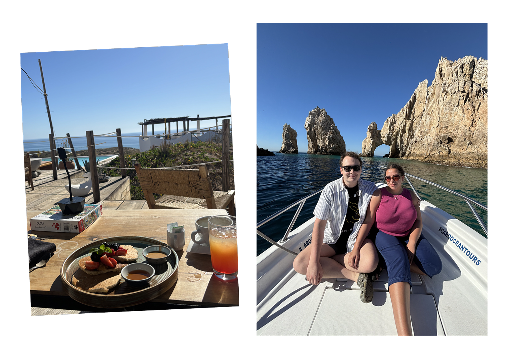 Left: Breakfast at Mesa Madre; Right: Chamidae in front of the Arch formation