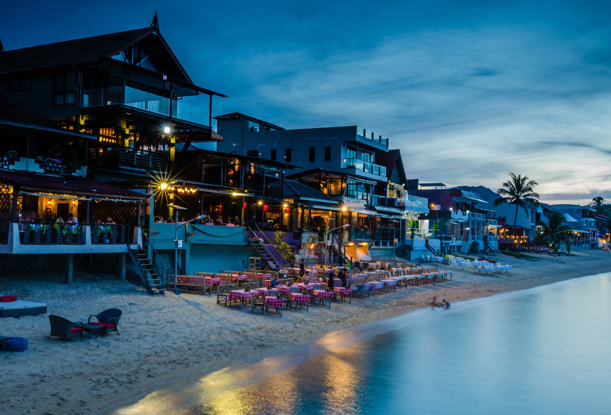 Beach side restaurants at Fisherman's Village, Bo Phut, Ko Samui, at twilight.