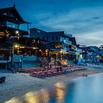 Beach side restaurants at Fisherman's Village, Bo Phut, Ko Samui, at twilight.
