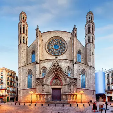 The ornate exterior of the Santa Maria del Mar church in Barcelona.