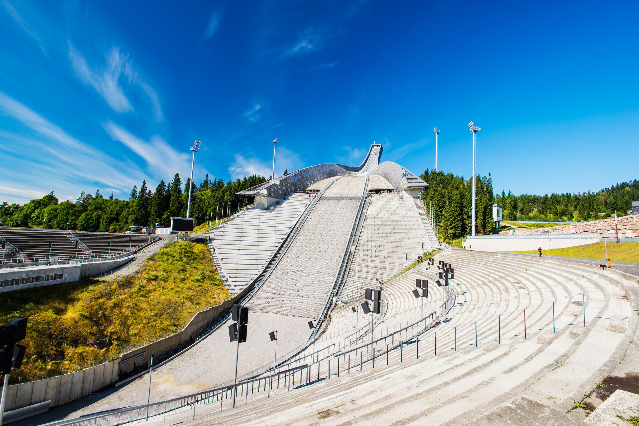 OSLO - AUGUST 19: Holmenkollbakken is large ski jumping hill located in Oslo, Norway. It has a capacity for 30,000 spectators. Picture taken on August 19, 2012.