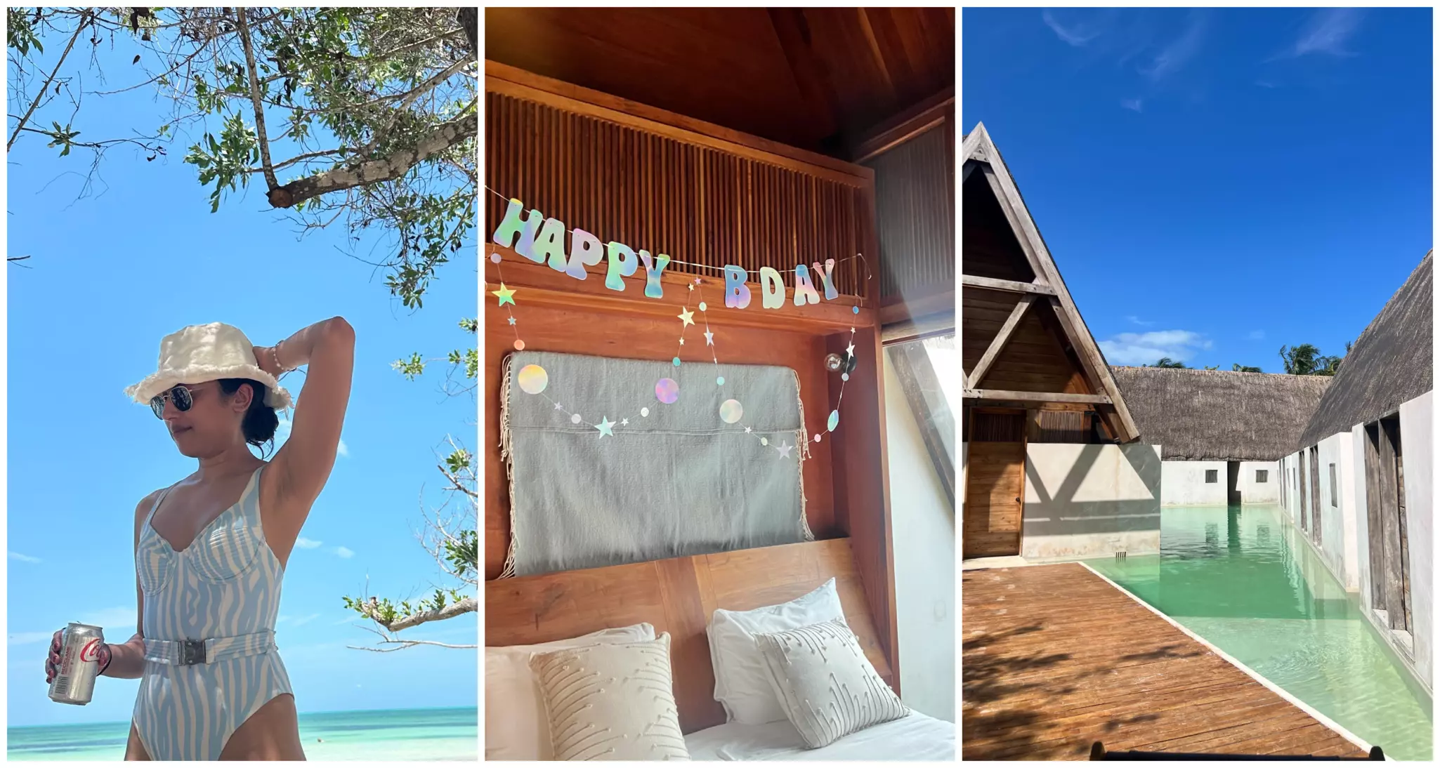 L-R: Serina ready for a day of sunbathing; hotel room with 'happy birthday' sign above bed; Exterior of hotel with swim-up pools to each room
